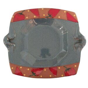 Pottery Square Serving Dish Chili Design Blue And Brown Glazed With Handles